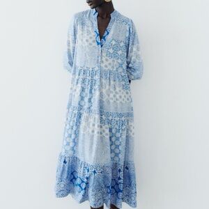 Zara blue geometric floral print smock flare dress